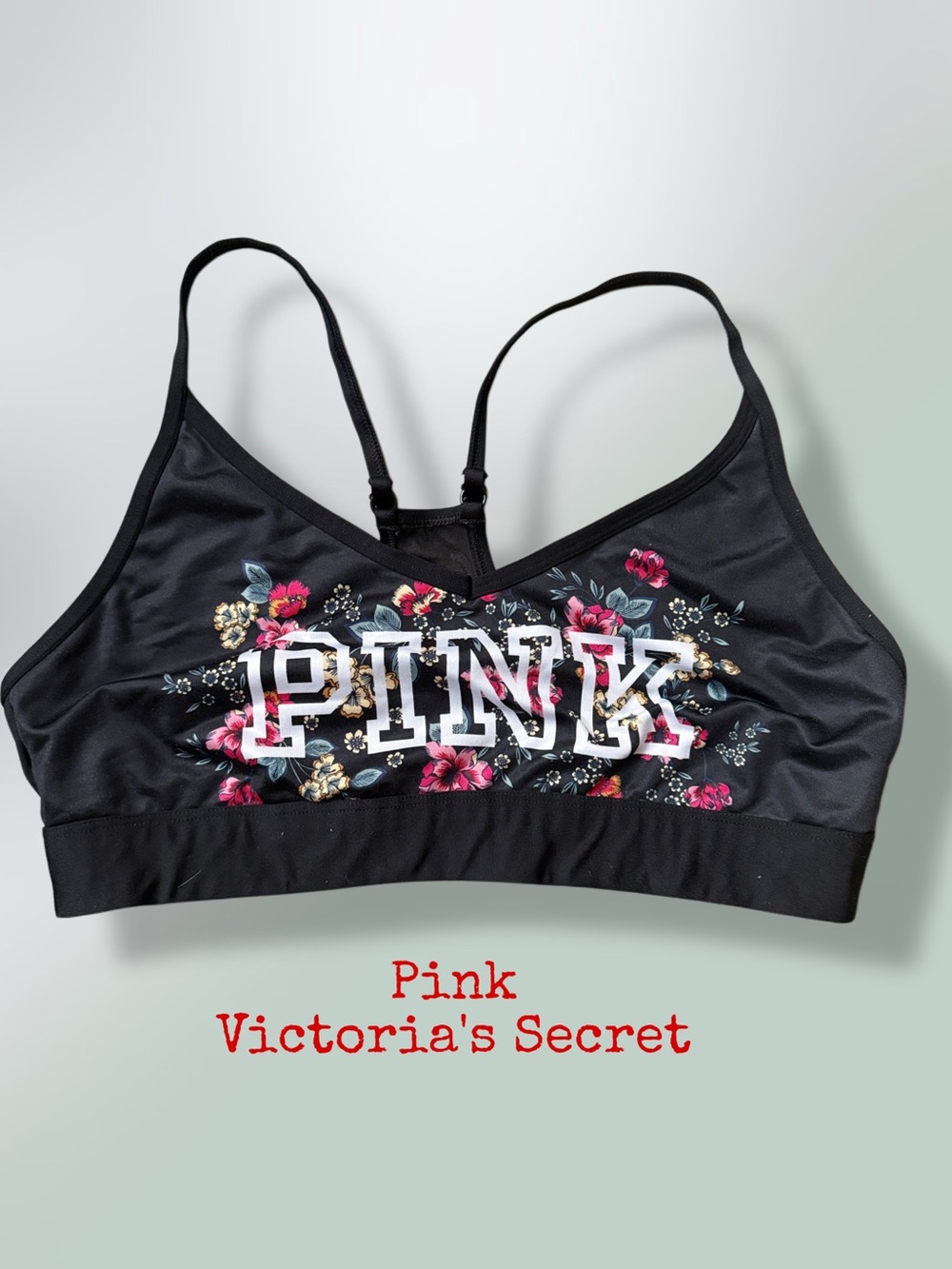 PINK Victoria's Secret Black Sports Bralette with Pink Floral Logo